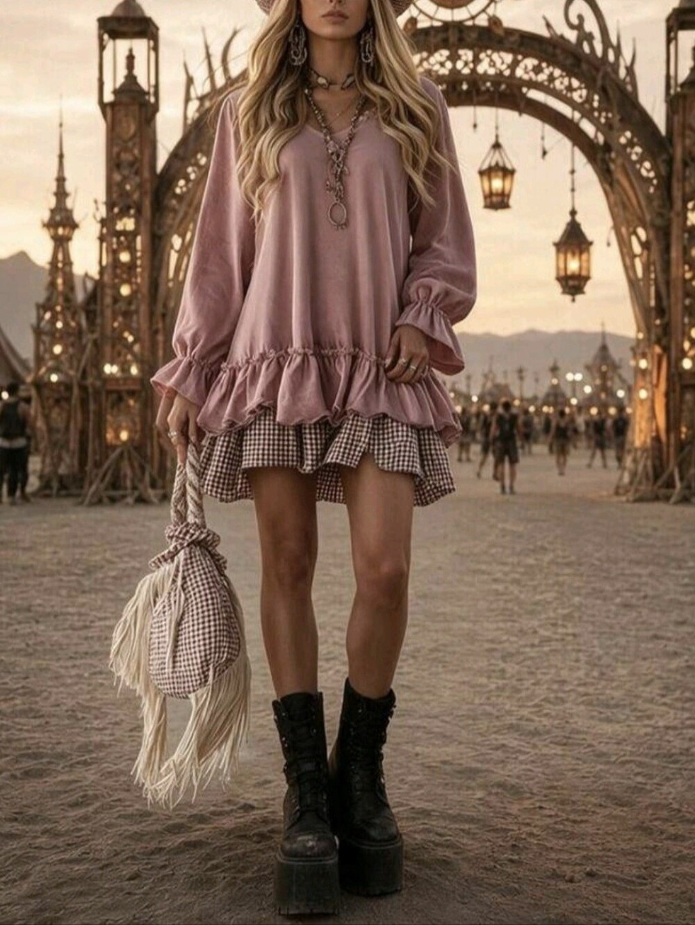 Soft Pink V-Neck Ruffle Hem Sweatshirt Dress With Plaid Lining, Lazy Vintage